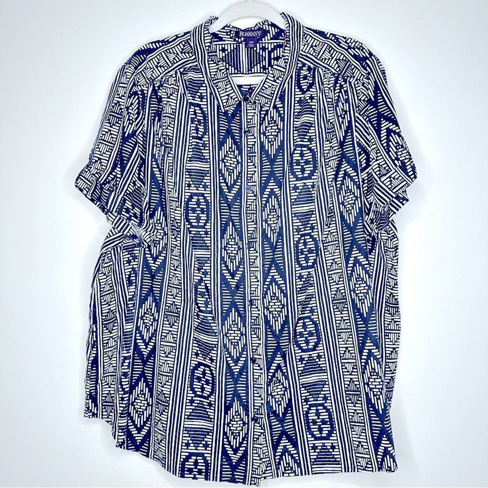 Roamans Boho pattern button down navy white short sleeve shirt